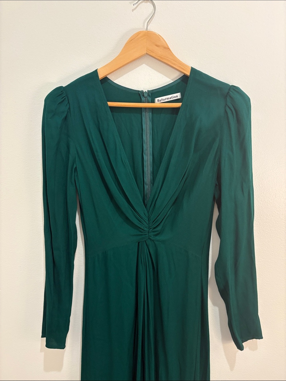 Reformation Emerald Green Long Sleeve Evening Dress